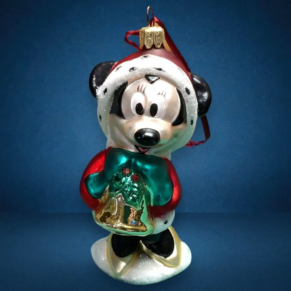 Disney Santa Minnie Mouse Gold Bell Vintage Hand Blown Glass Christmas Ornament